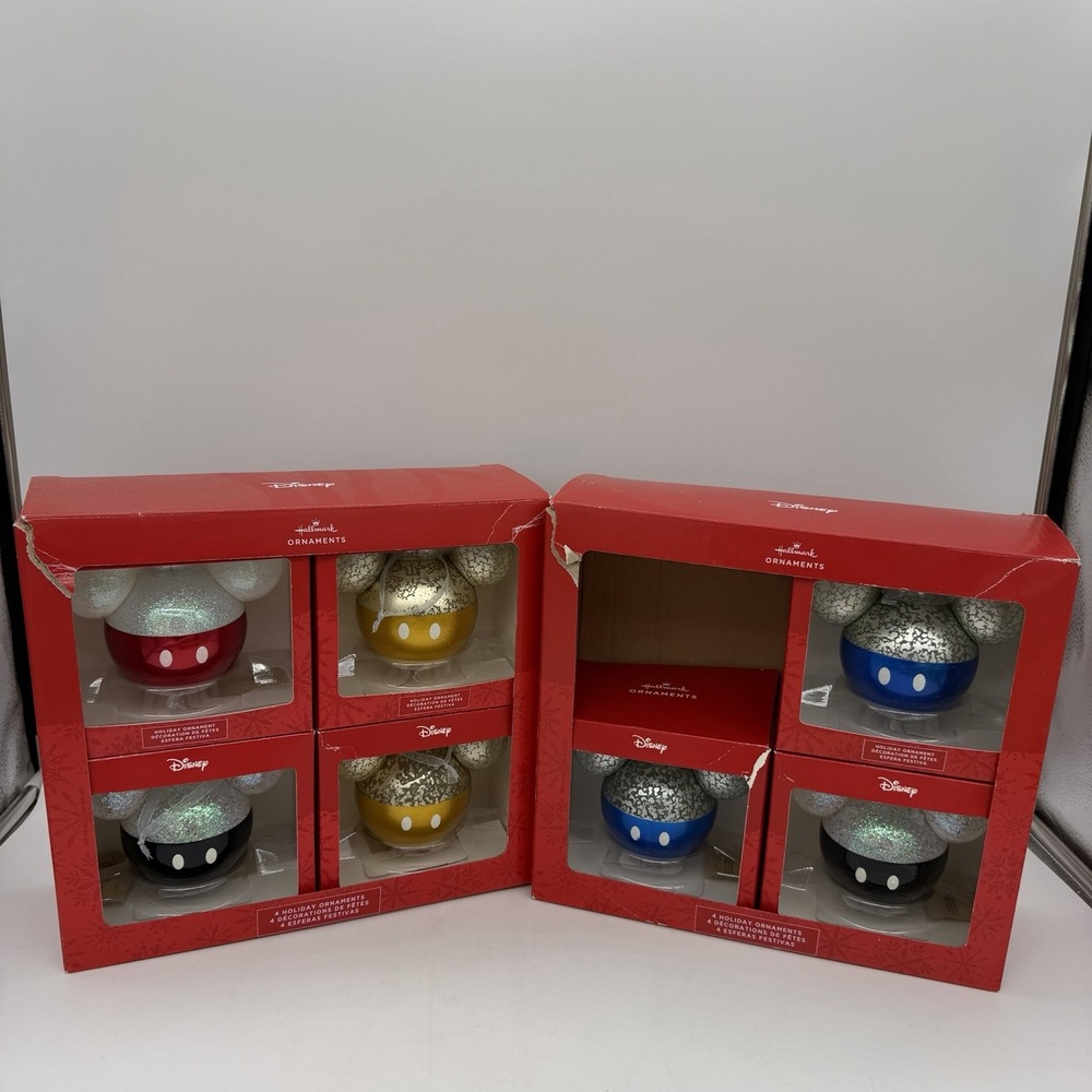Hallmark Costco Disney Mickey Mouse Ears Icon Glass Christmas Ornament Set of 7